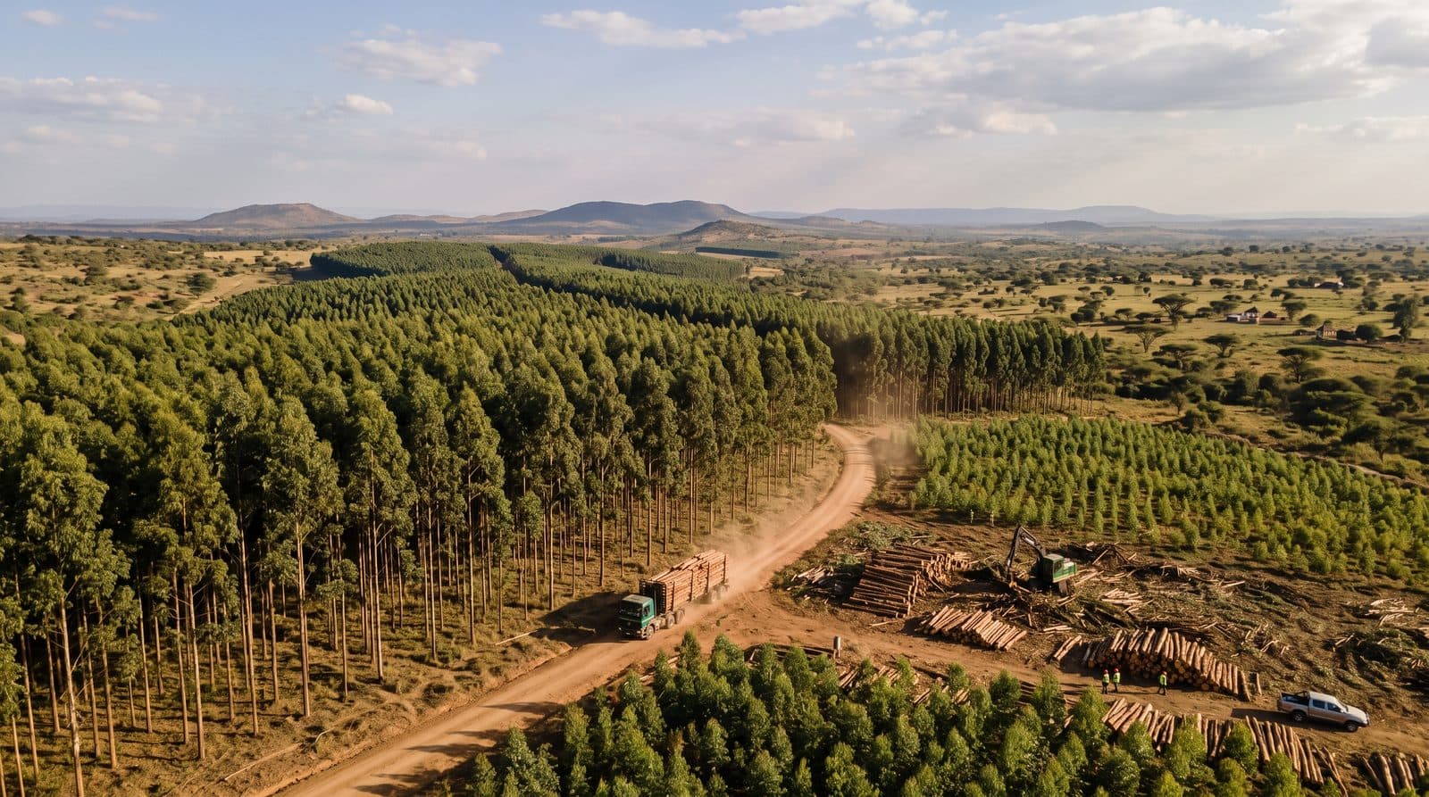 A truck carrying logs along a dirt road beside a eucalyptus plantation