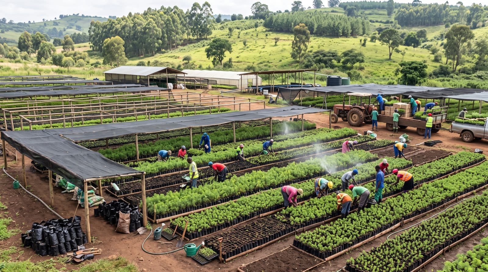 Workers tending rows of tree seedlings under shade nets at a forestry nursery