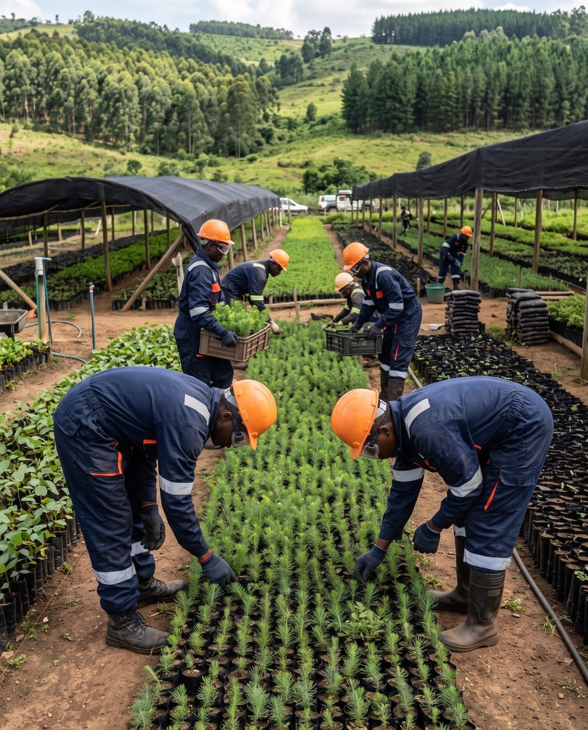 Workers in overalls and hard hats tending pine seedlings at a tree nursery